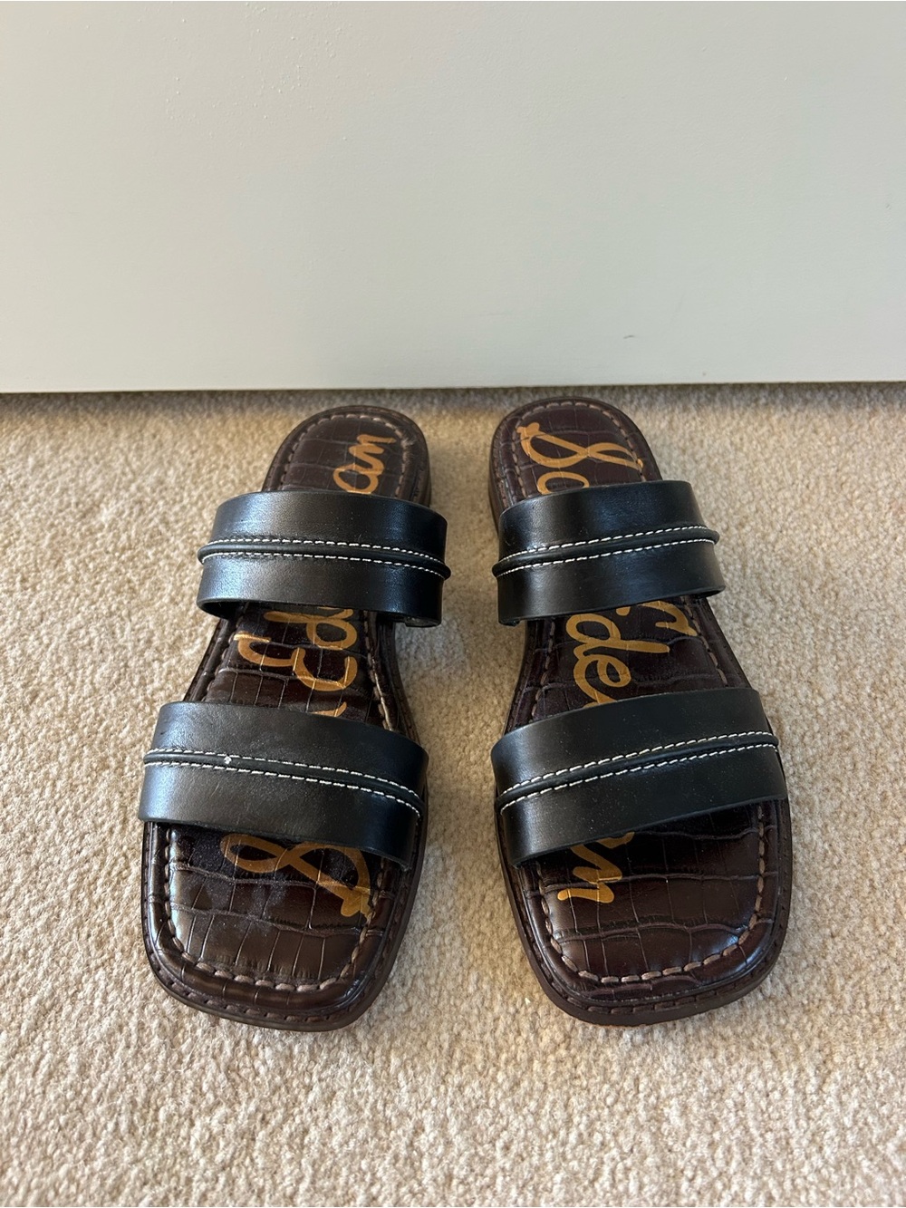 Sam Edelman women’s Black Leather Double-Strap Slide Sandals